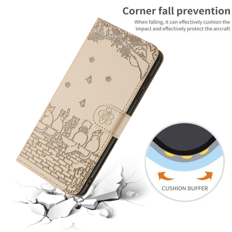 For iPhone 16e Cat Embossing Pattern Leather Phone Case with Lanyard(Beige) - iPhone 16e Cases by PMC TechLife | Online Shopping South Africa | PMC TechLife | Buy Now Pay Later Mobicred