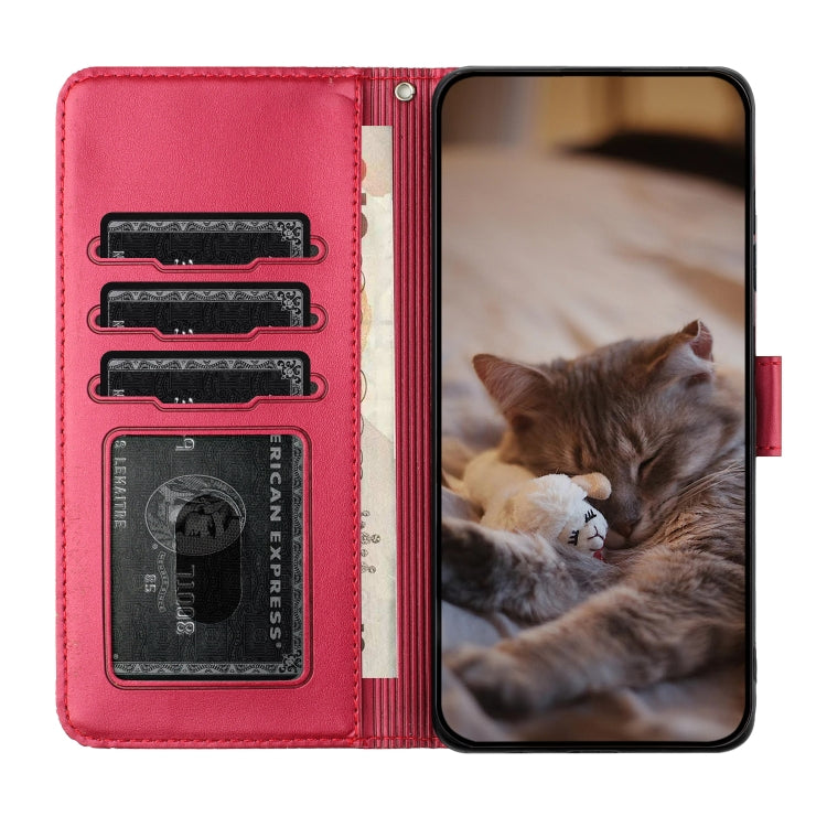 For iPhone 16 Plus Cat Embossing Pattern Leather Phone Case with Lanyard(Red) - iPhone 16 Plus Cases by PMC Jewellery | Online Shopping South Africa | PMC Jewellery | Buy Now Pay Later Mobicred