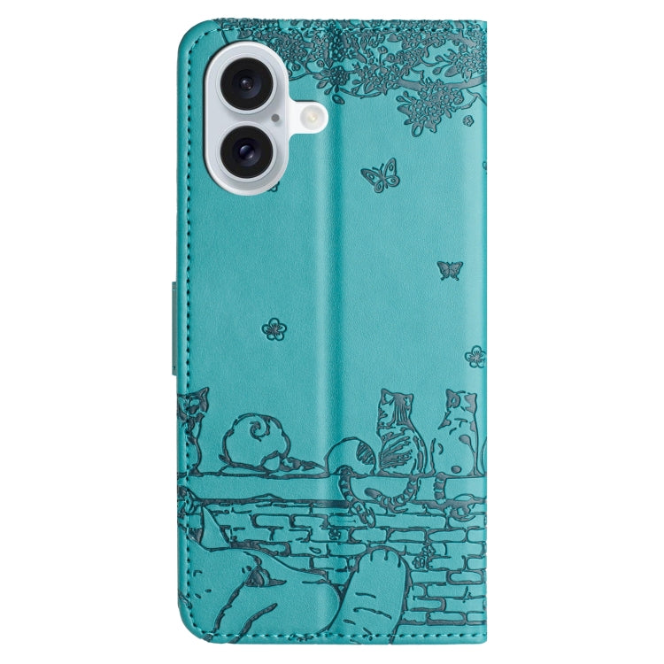 For iPhone 16 Plus Cat Embossing Pattern Leather Phone Case with Lanyard(Blue) - iPhone 16 Plus Cases by PMC TechLife | Online Shopping South Africa | PMC TechLife | Buy Now Pay Later Mobicred