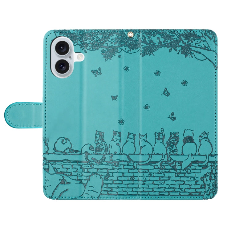 For iPhone 16 Plus Cat Embossing Pattern Leather Phone Case with Lanyard(Blue) - iPhone 16 Plus Cases by PMC Jewellery | Online Shopping South Africa | PMC Jewellery | Buy Now Pay Later Mobicred