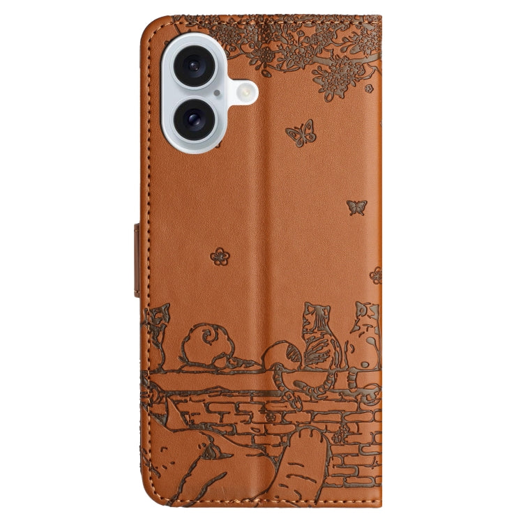 For iPhone 16 Plus Cat Embossing Pattern Leather Phone Case with Lanyard(Brown) - iPhone 16 Plus Cases by PMC TechLife | Online Shopping South Africa | PMC TechLife | Buy Now Pay Later Mobicred