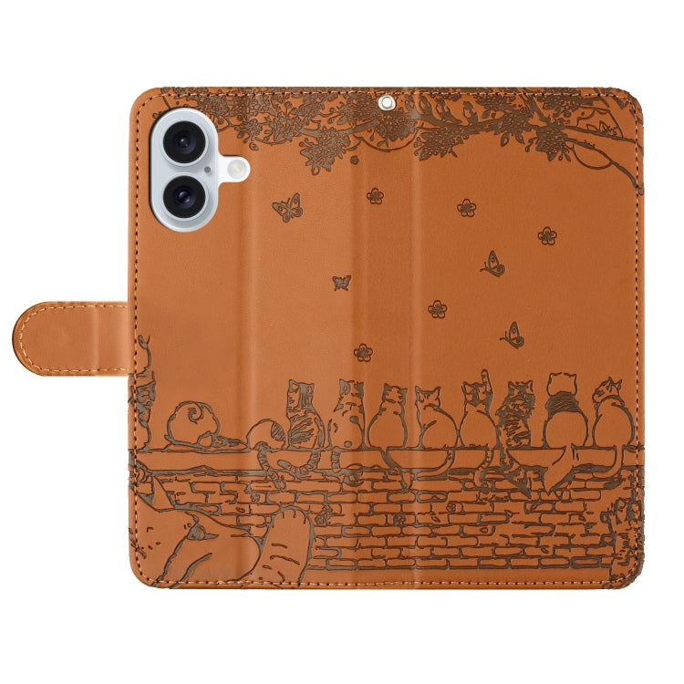 For iPhone 16 Plus Cat Embossing Pattern Leather Phone Case with Lanyard(Brown) - iPhone 16 Plus Cases by PMC TechLife | Online Shopping South Africa | PMC TechLife | Buy Now Pay Later Mobicred