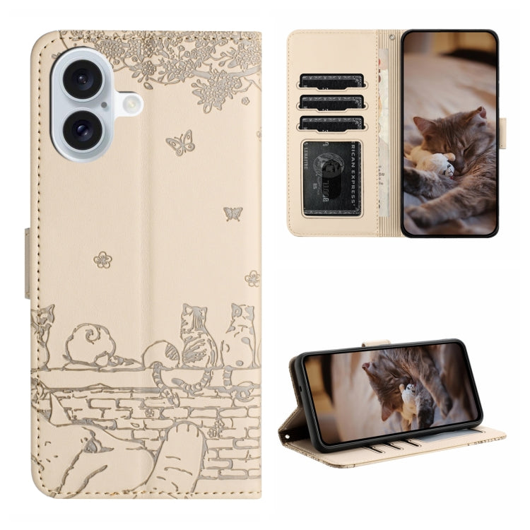 For iPhone 16 Plus Cat Embossing Pattern Leather Phone Case with Lanyard(Beige) - iPhone 16 Plus Cases by PMC Jewellery | Online Shopping South Africa | PMC Jewellery | Buy Now Pay Later Mobicred