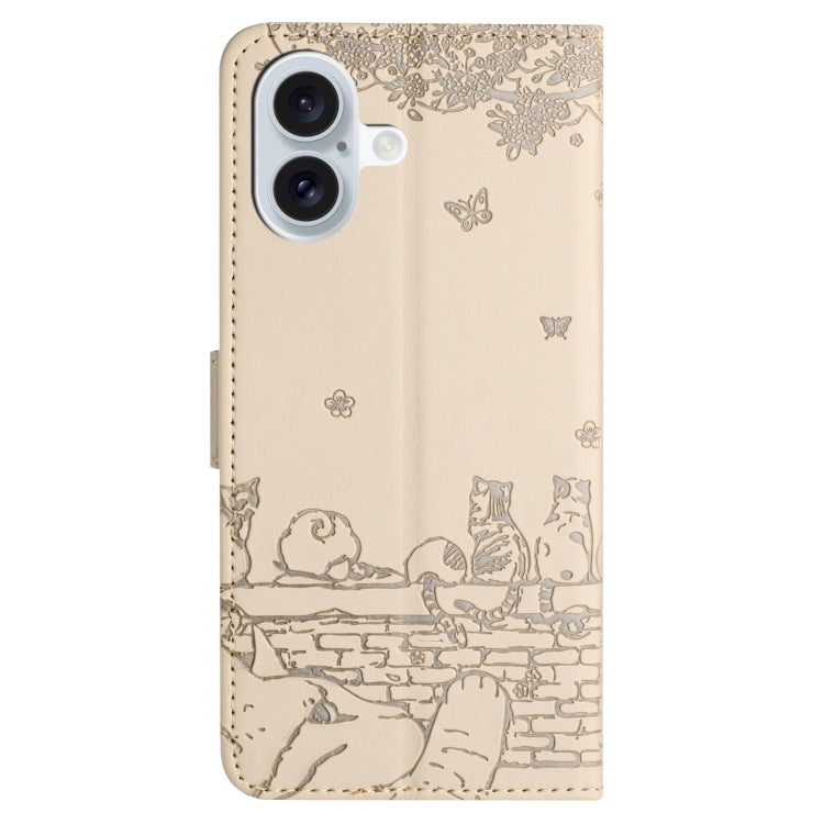 For iPhone 16 Plus Cat Embossing Pattern Leather Phone Case with Lanyard(Beige) - iPhone 16 Plus Cases by PMC TechLife | Online Shopping South Africa | PMC TechLife | Buy Now Pay Later Mobicred