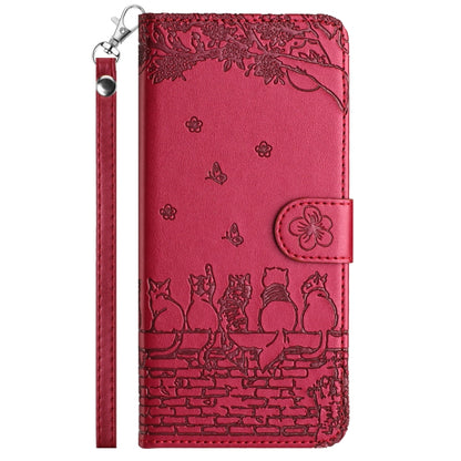 For iPhone 16 Cat Embossing Pattern Leather Phone Case with Lanyard(Red) - iPhone 16 Cases by PMC Jewellery | Online Shopping South Africa | PMC Jewellery | Buy Now Pay Later Mobicred