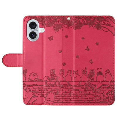 For iPhone 16 Cat Embossing Pattern Leather Phone Case with Lanyard(Red) - iPhone 16 Cases by PMC Jewellery | Online Shopping South Africa | PMC Jewellery | Buy Now Pay Later Mobicred