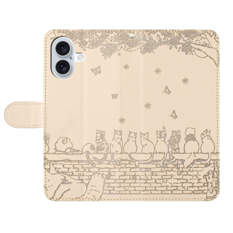 For iPhone 16 Cat Embossing Pattern Leather Phone Case with Lanyard(Beige) - iPhone 16 Cases by PMC Jewellery | Online Shopping South Africa | PMC Jewellery | Buy Now Pay Later Mobicred