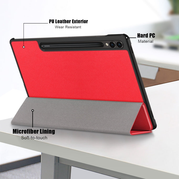 For Samsung Galaxy Tab S9+ Custer Pure Color 3-Fold Holder Smart Leather Tablet Case(Red) - Galaxy Tab S9+ Cases by PMC Jewellery | Online Shopping South Africa | PMC Jewellery | Buy Now Pay Later Mobicred