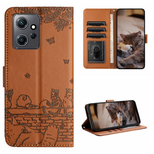 For Xiaomi Redmi Note 12 4G Global Cat Embossing Pattern Leather Phone Case with Lanyard(Brown) - Xiaomi Cases by PMC Jewellery | Online Shopping South Africa | PMC Jewellery | Buy Now Pay Later Mobicred