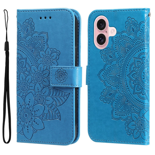 For iPhone 16 7-petal Flowers Embossing Leather Phone Case(Blue) - iPhone 16 Cases by PMC Jewellery | Online Shopping South Africa | PMC Jewellery | Buy Now Pay Later Mobicred