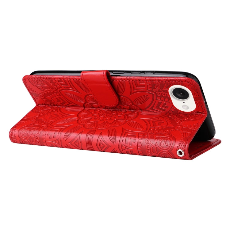 For iPhone 16e Embossed Sunflower Leather Phone Case(Red) - iPhone 16e Cases by PMC TechLife | Online Shopping South Africa | PMC TechLife | Buy Now Pay Later Mobicred