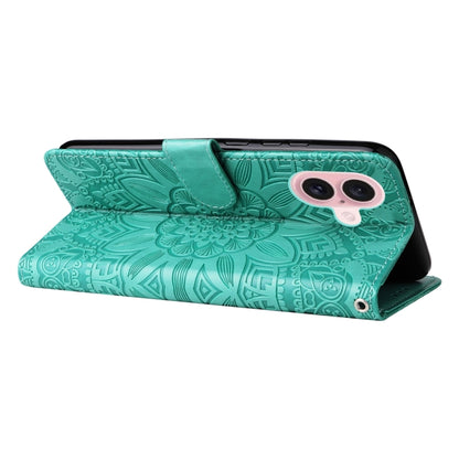 For iPhone 16 Embossed Sunflower Leather Phone Case(Green) - iPhone 16 Cases by PMC Jewellery | Online Shopping South Africa | PMC Jewellery | Buy Now Pay Later Mobicred