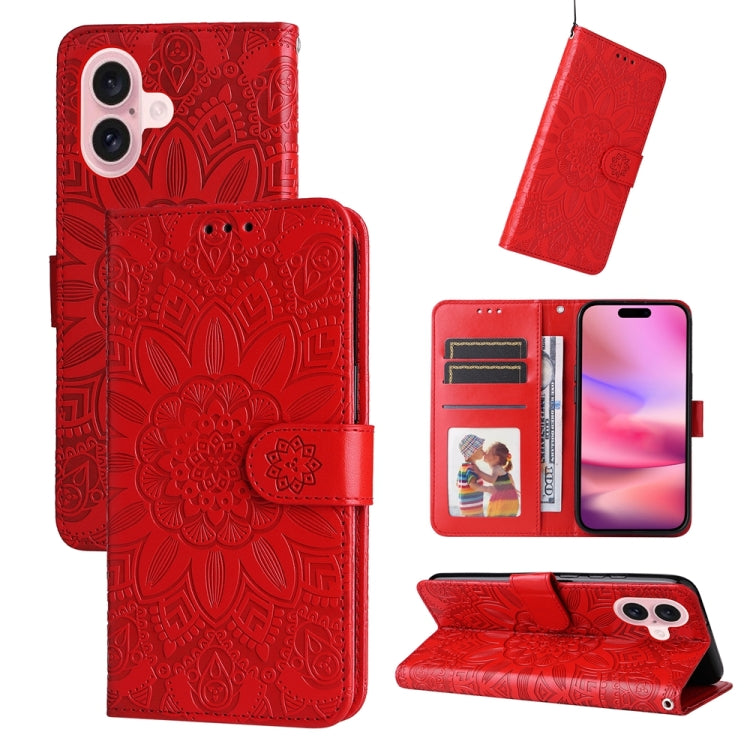 For iPhone 16 Embossed Sunflower Leather Phone Case(Red) - free shipping - PMC TechLife - Order now!