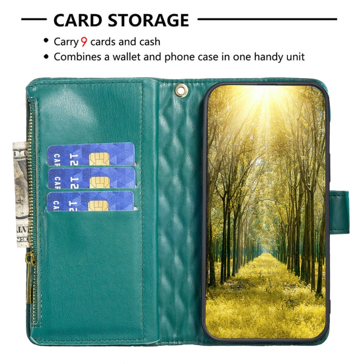 For iPhone 16 Pro Max Diamond Lattice Zipper Wallet Leather Flip Phone Case(Green) - iPhone 16 Pro Max Cases by PMC Jewellery | Online Shopping South Africa | PMC Jewellery | Buy Now Pay Later Mobicred