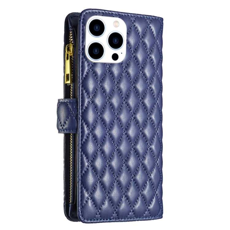 For iPhone 16 Pro Diamond Lattice Zipper Wallet Leather Flip Phone Case(Blue) - iPhone 16 Pro Cases by PMC Jewellery | Online Shopping South Africa | PMC Jewellery | Buy Now Pay Later Mobicred