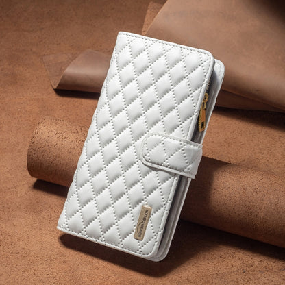 For iPhone 16 Diamond Lattice Zipper Wallet Leather Flip Phone Case(White) - iPhone 16 Cases by PMC Jewellery | Online Shopping South Africa | PMC Jewellery | Buy Now Pay Later Mobicred