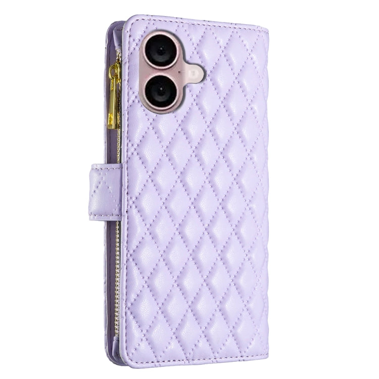 For iPhone 16 Diamond Lattice Zipper Wallet Leather Flip Phone Case(Purple) - iPhone 16 Cases by PMC Jewellery | Online Shopping South Africa | PMC Jewellery | Buy Now Pay Later Mobicred