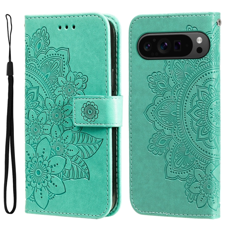 For Google Pixel 9 Pro Seven-petal Flowers Embossing Leather Phone Case(Green) - Google Cases by PMC TechLife | Online Shopping South Africa | PMC TechLife | Buy Now Pay Later Mobicred