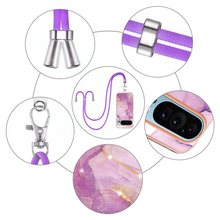 For Google Pixel 9 / 9 Pro Electroplating Marble Dual-side IMD Phone Case with Lanyard(Purple 001) - Google Cases by PMC TechLife | Online Shopping South Africa | PMC TechLife | Buy Now Pay Later Mobicred