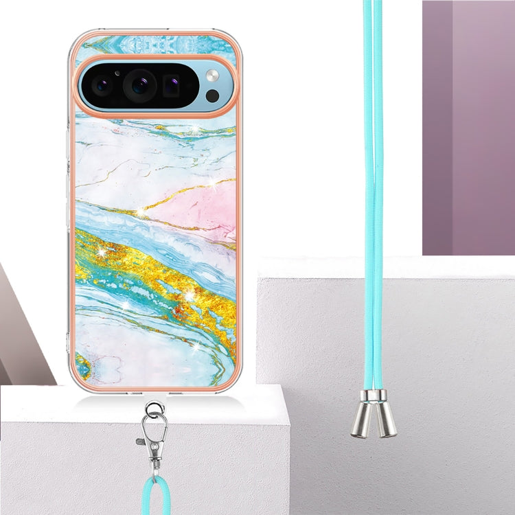 For Google Pixel 9 / 9 Pro Electroplating Marble Dual-side IMD Phone Case with Lanyard(Green 004) - Google Cases by PMC TechLife | Online Shopping South Africa | PMC TechLife | Buy Now Pay Later Mobicred