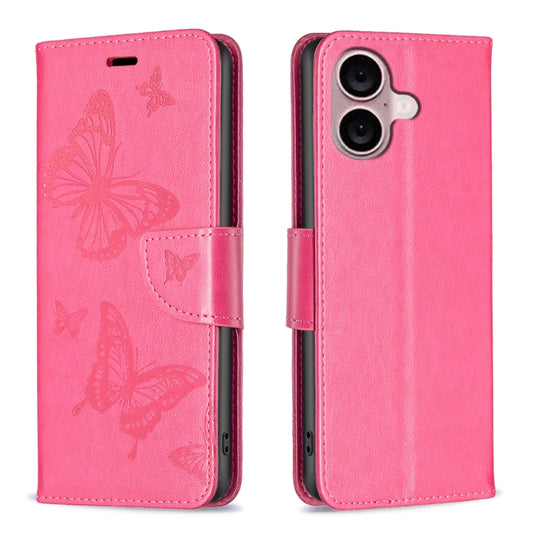 For iPhone 16 Embossing Two Butterflies Pattern Leather Phone Case(Rose Red) - iPhone 16 Cases by PMC Jewellery | Online Shopping South Africa | PMC Jewellery | Buy Now Pay Later Mobicred