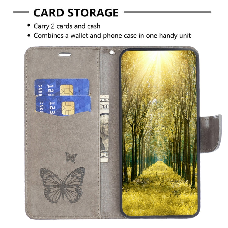 For iPhone 16 Embossing Two Butterflies Pattern Leather Phone Case(Grey) - iPhone 16 Cases by PMC TechLife | Online Shopping South Africa | PMC TechLife | Buy Now Pay Later Mobicred