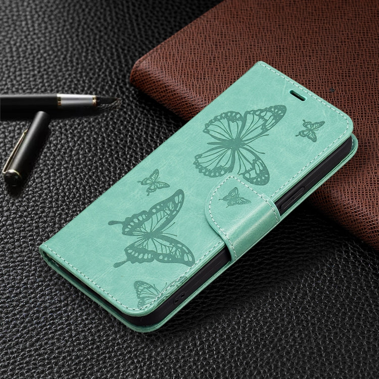 For iPhone 16 Plus Embossing Two Butterflies Pattern Leather Phone Case(Green) - iPhone 16 Plus Cases by PMC TechLife | Online Shopping South Africa | PMC TechLife | Buy Now Pay Later Mobicred