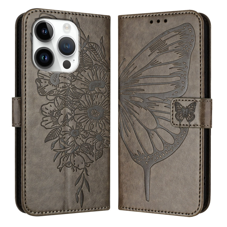 For iPhone 16 Pro Embossed Butterfly Leather Phone Case(Grey) - iPhone 16 Pro Cases by PMC TechLife | Online Shopping South Africa | PMC TechLife | Buy Now Pay Later Mobicred