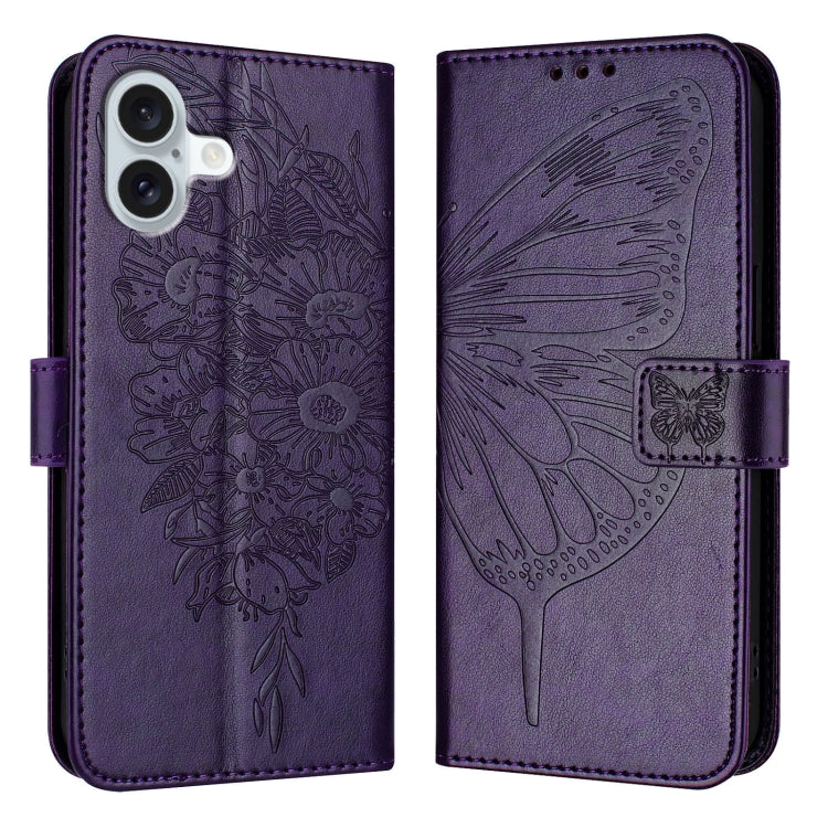 For iPhone 16 Plus Embossed Butterfly Leather Phone Case(Dark Purple) - iPhone 16 Plus Cases by PMC Jewellery | Online Shopping South Africa | PMC Jewellery | Buy Now Pay Later Mobicred