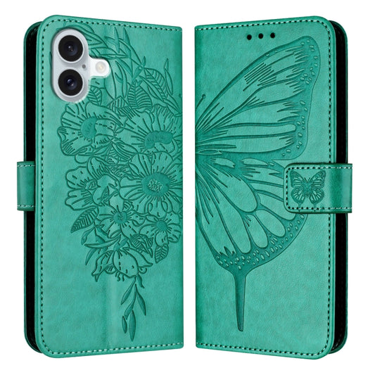 For iPhone 16 Plus Embossed Butterfly Leather Phone Case(Green) - iPhone 16 Plus Cases by PMC Jewellery | Online Shopping South Africa | PMC Jewellery | Buy Now Pay Later Mobicred