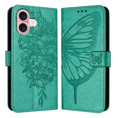 For iPhone 16 Embossed Butterfly Leather Phone Case(Green) - iPhone 16 Cases by PMC Jewellery | Online Shopping South Africa | PMC Jewellery | Buy Now Pay Later Mobicred