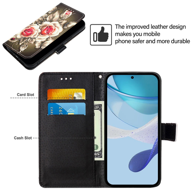 For iPhone 16e Colored Drawing Pattern Plain Weave Leather Phone Case(Roses On Black) - free shipping - PMC TechLife - Order now!