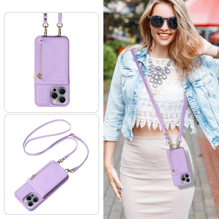 For iPhone 16 Pro Max Crossbody Lanyard Zipper Wallet Leather Phone Case(Purple) - iPhone 16 Pro Max Cases by PMC Jewellery | Online Shopping South Africa | PMC Jewellery | Buy Now Pay Later Mobicred