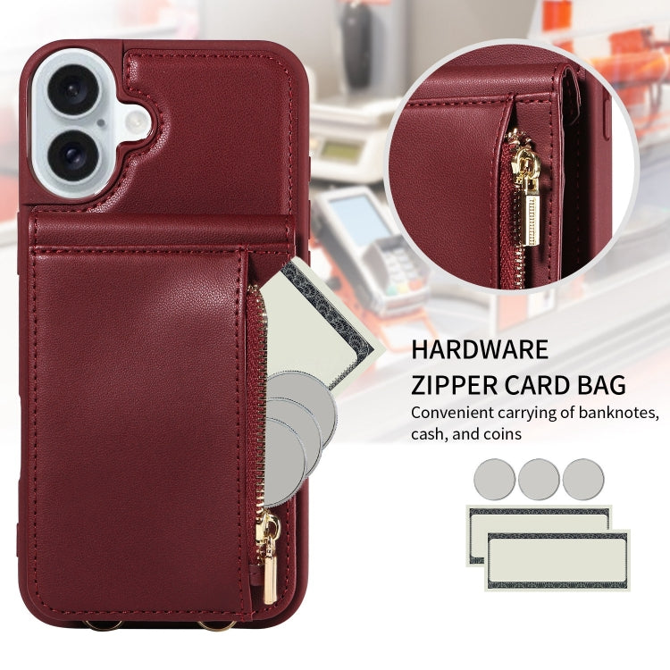 For iPhone 16 Plus Crossbody Lanyard Zipper Wallet Leather Phone Case(Wine Red) - iPhone 16 Plus Cases by PMC Jewellery | Online Shopping South Africa | PMC Jewellery | Buy Now Pay Later Mobicred