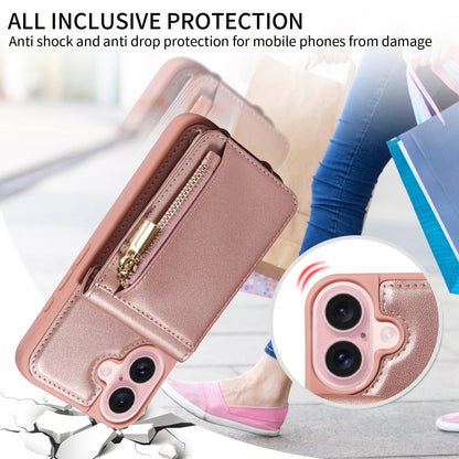 For iPhone 16 Crossbody Lanyard Zipper Wallet Leather Phone Case(Rose Gold) - iPhone 16 Cases by PMC Jewellery | Online Shopping South Africa | PMC Jewellery | Buy Now Pay Later Mobicred