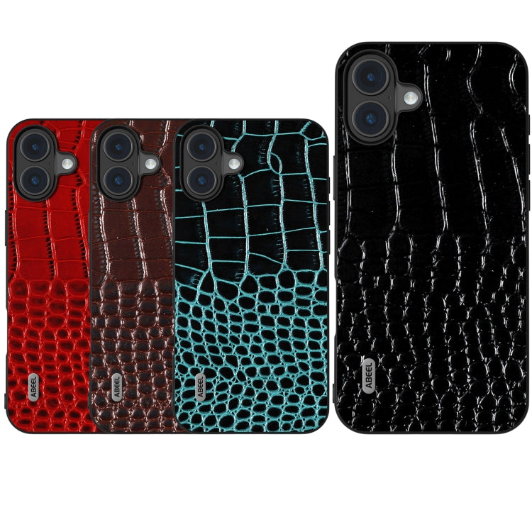 For iPhone 16 Plus ABEEL Genuine Leather Crocodile Pattern Black Edge Phone Case(Blue) - iPhone 16 Plus Cases by PMC TechLife | Online Shopping South Africa | PMC TechLife | Buy Now Pay Later Mobicred