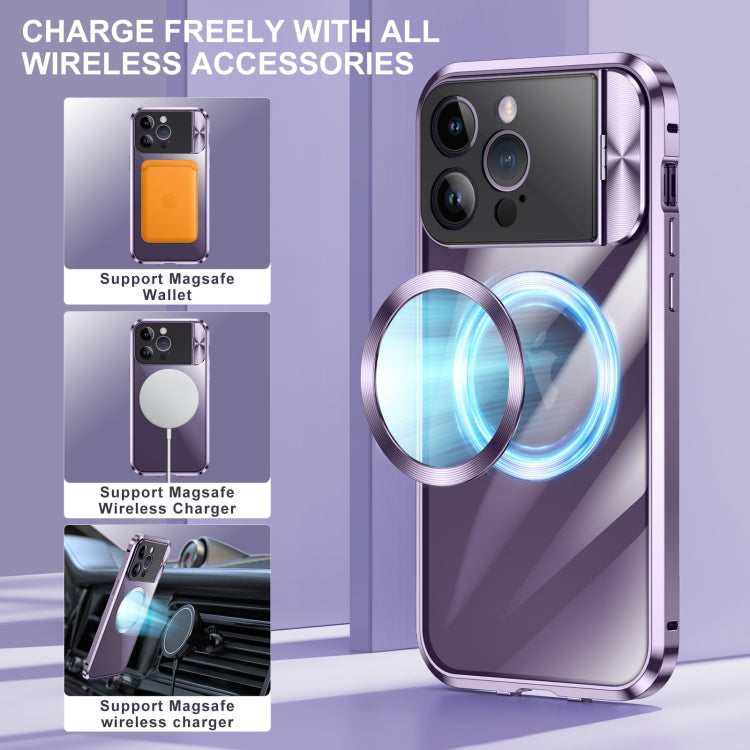 For iPhone 15 Large Window Holder MagSafe Magnetic Metal Phone Case(Blue) - iPhone 15 Cases by PMC TechLife | Online Shopping South Africa | PMC TechLife