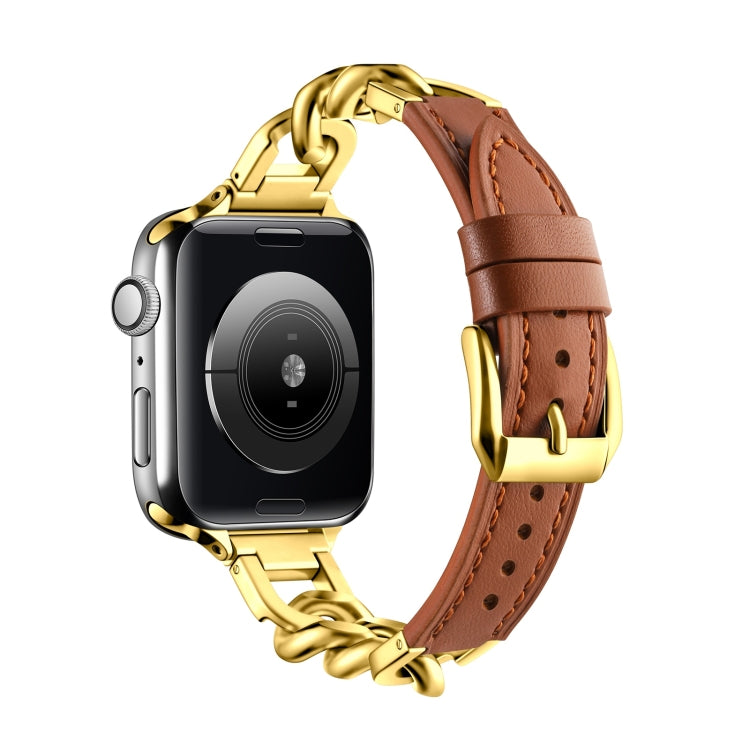 For Apple Watch 42mm Chain Genuine Leather Watch Band, Size: S(Gold Brown) - free shipping - PMC TechLife - Order now!