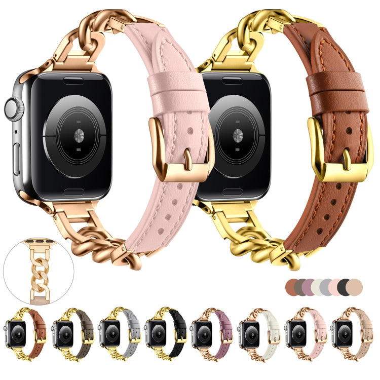 For Apple Watch SE 44mm Chain Genuine Leather Watch Band, Size: S(Gold Grey) - free shipping - PMC TechLife - Order now!