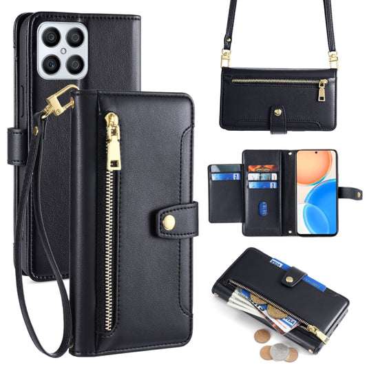 For Honor X8 Sheep Texture Cross-body Zipper Wallet Leather Phone Case(Black) - Honor Cases by PMC Jewellery | Online Shopping South Africa | PMC Jewellery | Buy Now Pay Later Mobicred