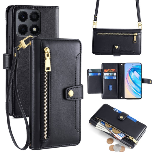 For Honor X8a Sheep Texture Cross-body Zipper Wallet Leather Phone Case(Black) - Honor Cases by PMC Jewellery | Online Shopping South Africa | PMC Jewellery | Buy Now Pay Later Mobicred