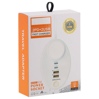 YF-106 USB- C / Type-Cx2+USBx2 Oval PD Socket Phone Charger with Light, Plug Type:UK Plug(White) - Multifunction Charger by PMC Jewellery | Online Shopping South Africa | PMC Jewellery | Buy Now Pay Later Mobicred