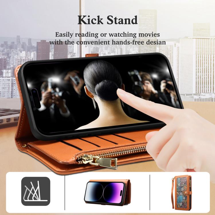For iPhone 16e ESEBLE Star Series Lanyard Zipper Wallet RFID Leather Case(Brown) - iPhone 16e Cases by ESEBLE | Online Shopping South Africa | PMC TechLife | Buy Now Pay Later Mobicred