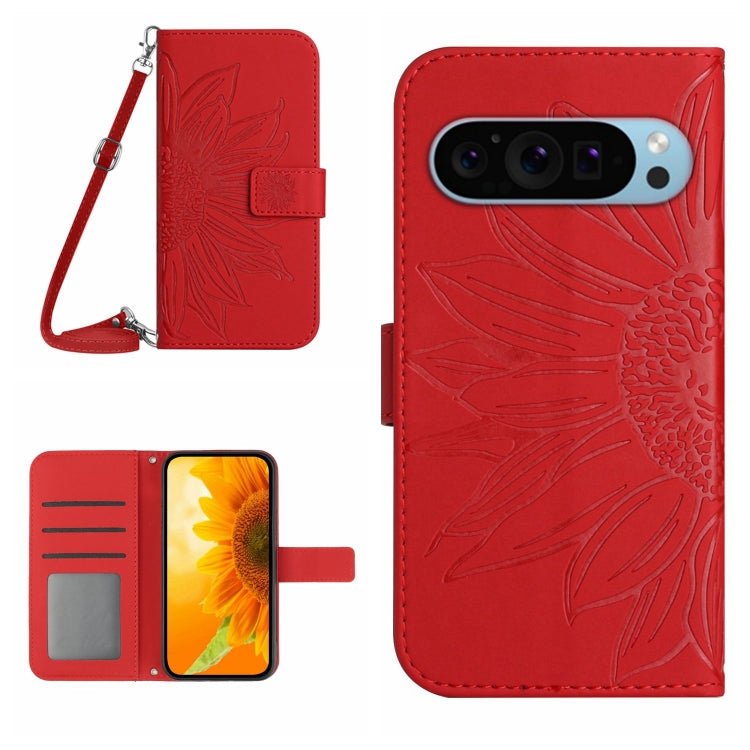 For Google Pixel 9 Skin Feel Sun Flower Embossed Flip Leather Phone Case with Lanyard(Red) - Google Cases by PMC TechLife | Online Shopping South Africa | PMC TechLife | Buy Now Pay Later Mobicred