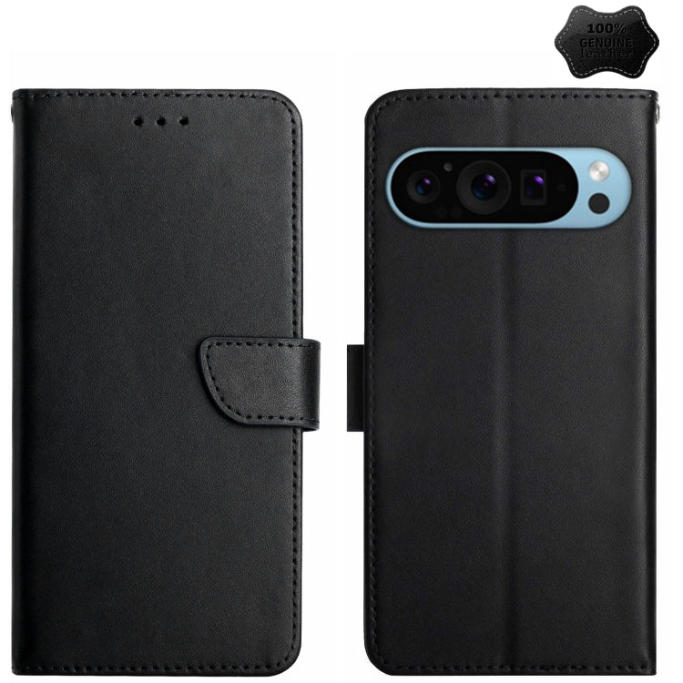 For Google Pixel 9 Pro HT02 Genuine Leather Fingerprint-proof Flip Phone Case(Black) - Google Cases by PMC Jewellery | Online Shopping South Africa | PMC Jewellery | Buy Now Pay Later Mobicred