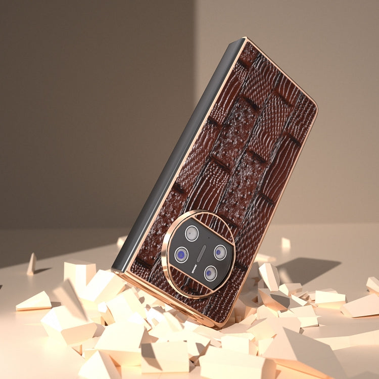 For Huawei Mate X3 Nano Plating Genuine Leather Mahjong Texture Phone Case(Brown) - Huawei Cases by PMC TechLife | Online Shopping South Africa | PMC TechLife | Buy Now Pay Later Mobicred
