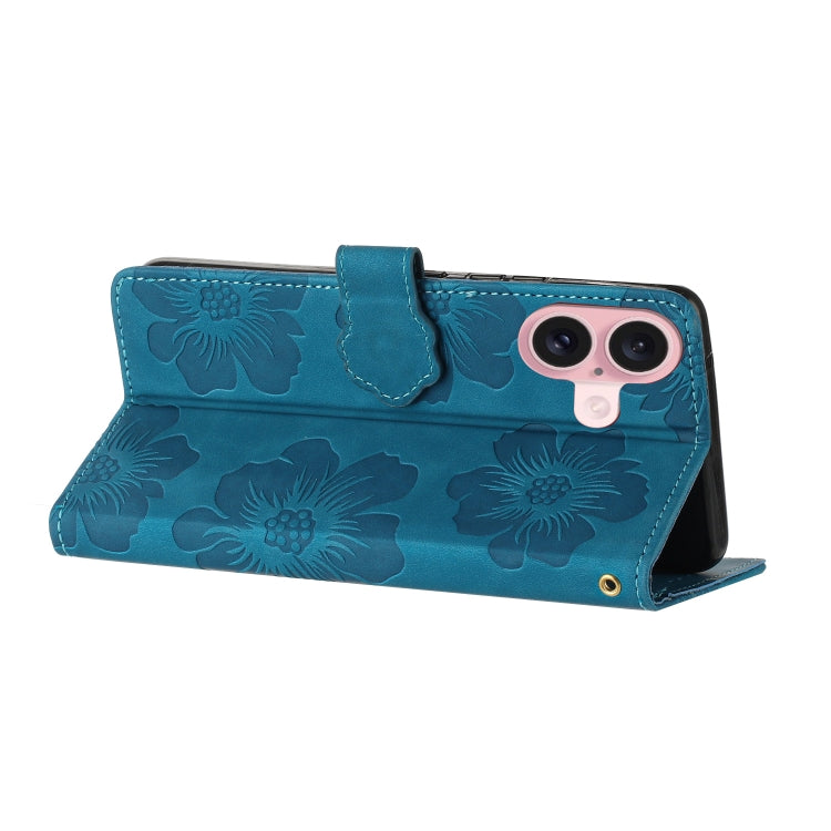 For iPhone 16 Plus Flower Embossing Pattern Leather Phone Case(Blue) - iPhone 16 Plus Cases by PMC TechLife | Online Shopping South Africa | PMC TechLife | Buy Now Pay Later Mobicred