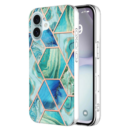 For iPhone 16 Plus Electroplating Splicing Marble Flower Pattern Dual-side IMD TPU Shockproof Phone Case(Green) - iPhone 16 Plus Cases by PMC Jewellery | Online Shopping South Africa | PMC Jewellery | Buy Now Pay Later Mobicred