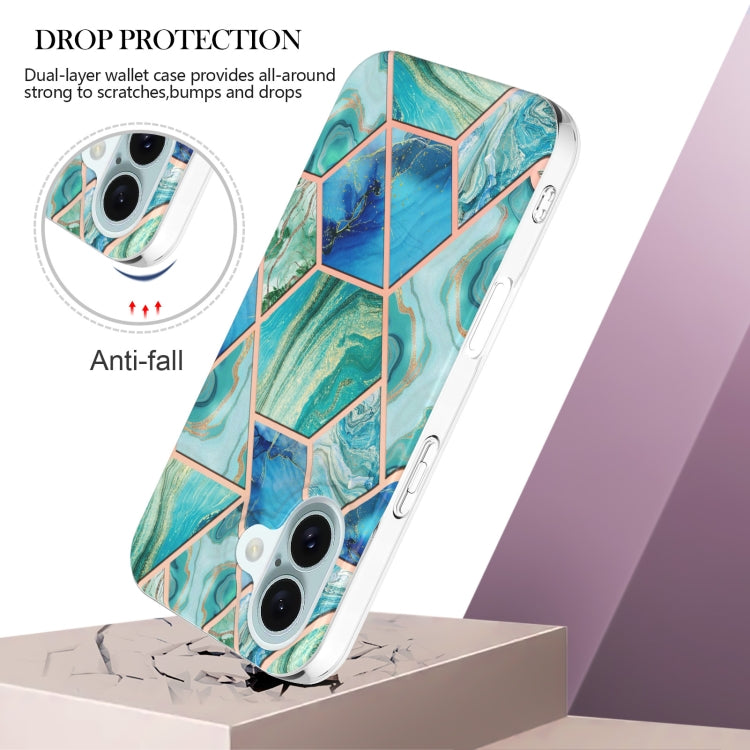 For iPhone 16 Plus Electroplating Splicing Marble Flower Pattern Dual-side IMD TPU Shockproof Phone Case(Green) - iPhone 16 Plus Cases by PMC Jewellery | Online Shopping South Africa | PMC Jewellery | Buy Now Pay Later Mobicred