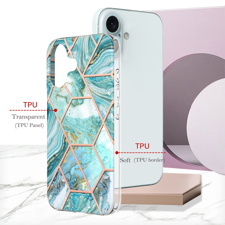 For iPhone 16 Electroplating Splicing Marble Flower Pattern Dual-side IMD TPU Shockproof Phone Case(Green) - iPhone 16 Cases by PMC Jewellery | Online Shopping South Africa | PMC Jewellery | Buy Now Pay Later Mobicred